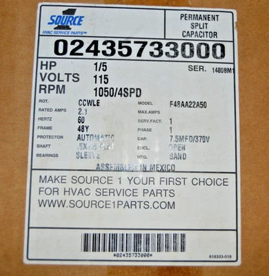 A.O. SMITH AO Smith 02435734000 1/3 HP 1075 RPM, 115V, 4 SPD Furnace Motor F48AA23A50 York