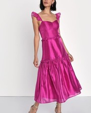 New LULUS Magenta Pink Effervescent Aesthetic Tiered Cocktail Midi Dress L Nwt