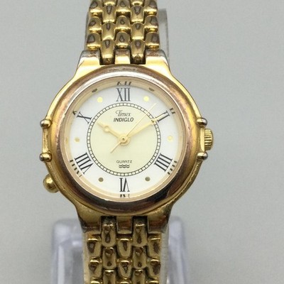 Timex Indiglo Womens Watch 26mm White Dial Gold Tone Roman New Battery 7.25''