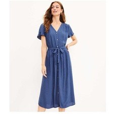 Ann Taylor LOFT Textured V-Neck Button Down Short Sleeve Midi Shirt Dress Blue 4