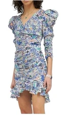 Isabel Marant Bireya Puff Sleeve Ruched Mini Dress Printed Stretch Silk Size 2