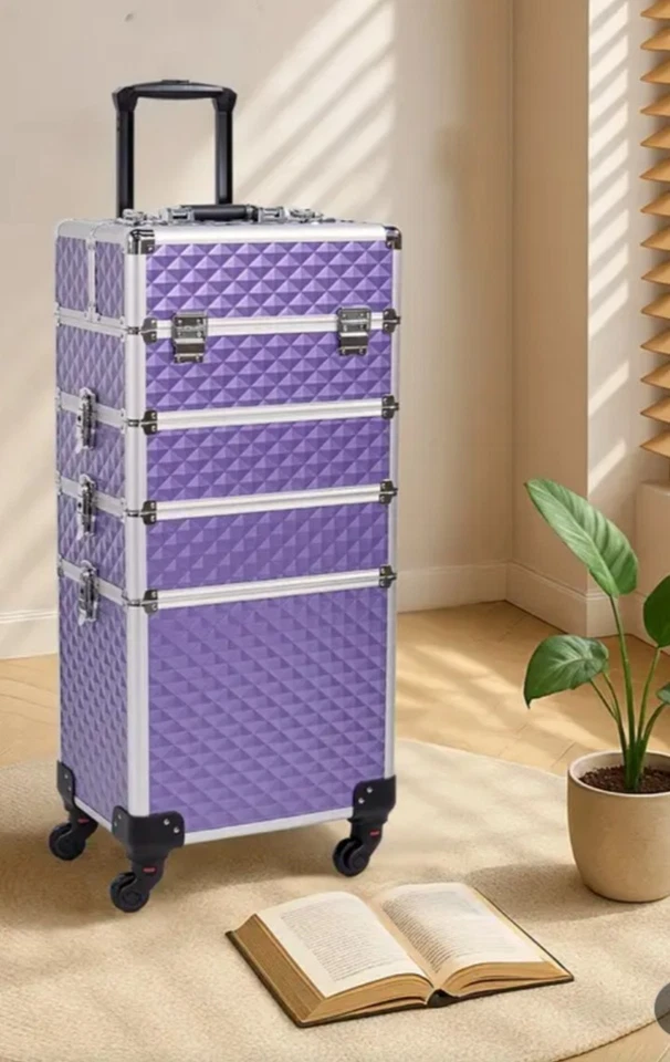 Lindo estojo de trem de maquiagem profissional rolante alumínio violeta 4 em 1 - Imagem 2 de 2