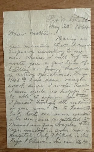 Civil War Letter 1864,BATTLE LETTER, Swift Creek/proctors Creek 148 NY