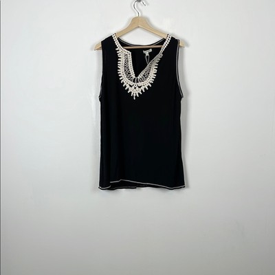 Max Studio Women's 2X Elegant Black Sleeveless Black Top with White Embroidered