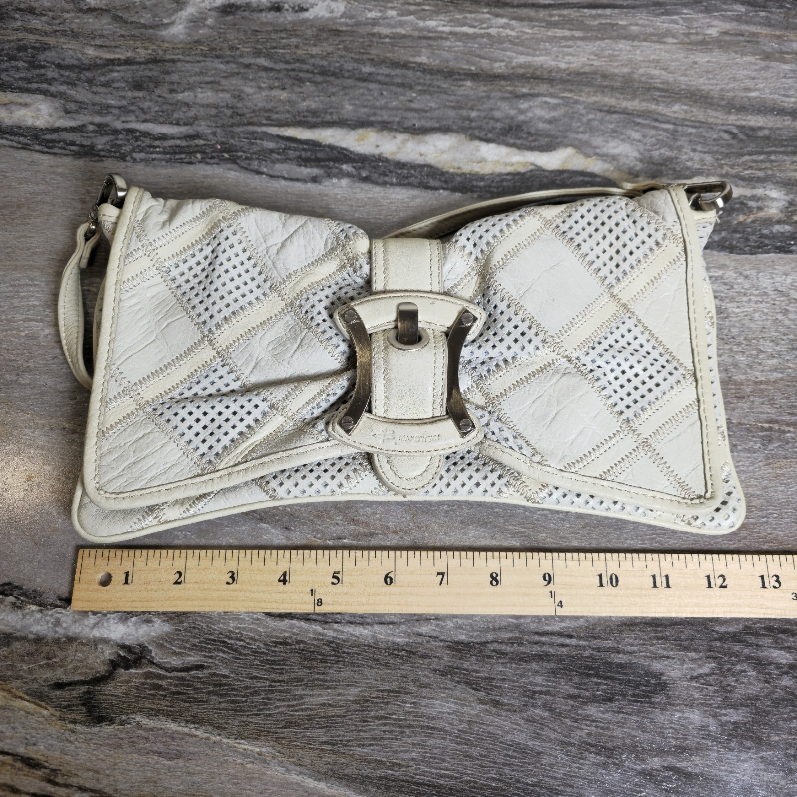 B. Makowsky Ivory Leather Patchwork Bow Shoulder … - image 7