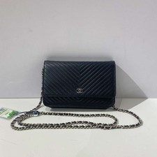 Chanel Black Chevron Caviar Leather Wallet On Chain WOC Crossbody Bag AUTH
