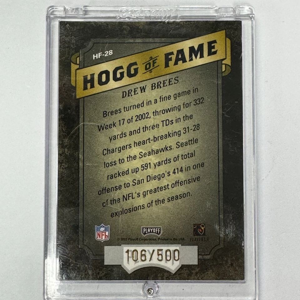 2003 Playoff Hogg Heaven DREW BREES Hogg of Fame HF-28 Chargers Card - Image 2 of 2