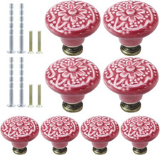 8pcs Rose Red Ceramic Knobs, Vintage  Retro Kitchen  Dresser Knobs, Decorative