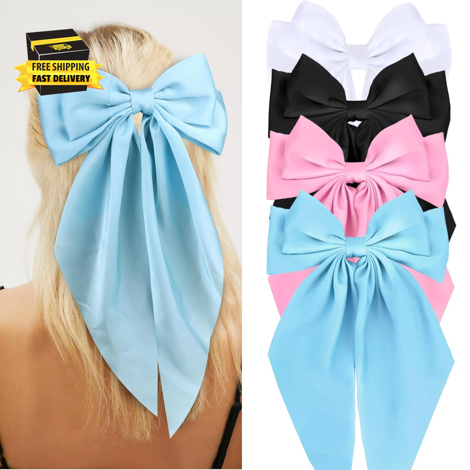 4Pcs Hair Barrettes: Big Satin Bows in White, Black, Pink, Light Blue - Cute Lar