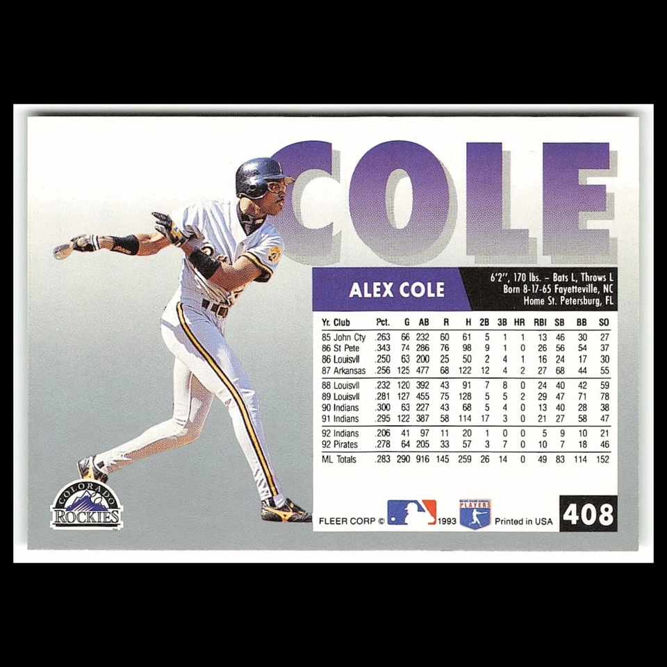 Alex Cole #408 1993 Fleer Colorado Rockies Baseball Card MLB NM - Image 2 of 3