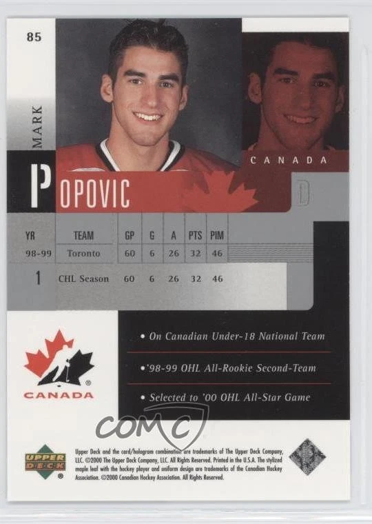 1999-00 Upper Deck Prospects Mark Popovic #85 - Image 2 of 2