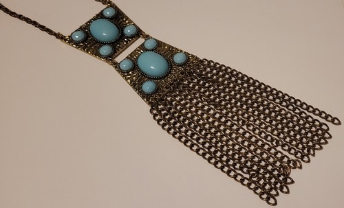 Faux Turquoise Bronze Metal Necklace and Dangle Earrings New Old Stock one flaw - Picture 5 of 7