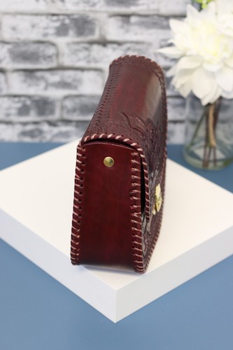 Wine Mexican Leather Hand tooled Floral Clutch Purse with Gold Snap Closure - Picture 5 of 8