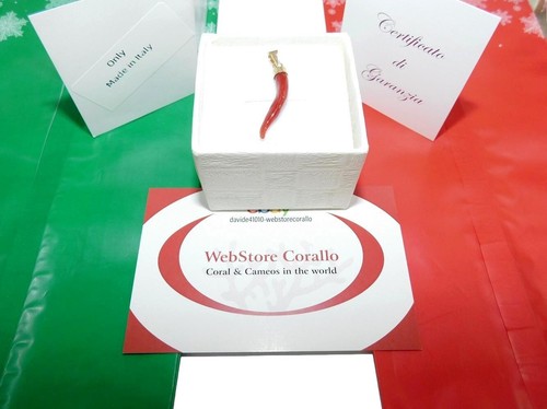 Gemstone Italian pendant with Red Coral Horn in 18k 750 Genuine Italy Cornicello - Picture 3 of 4