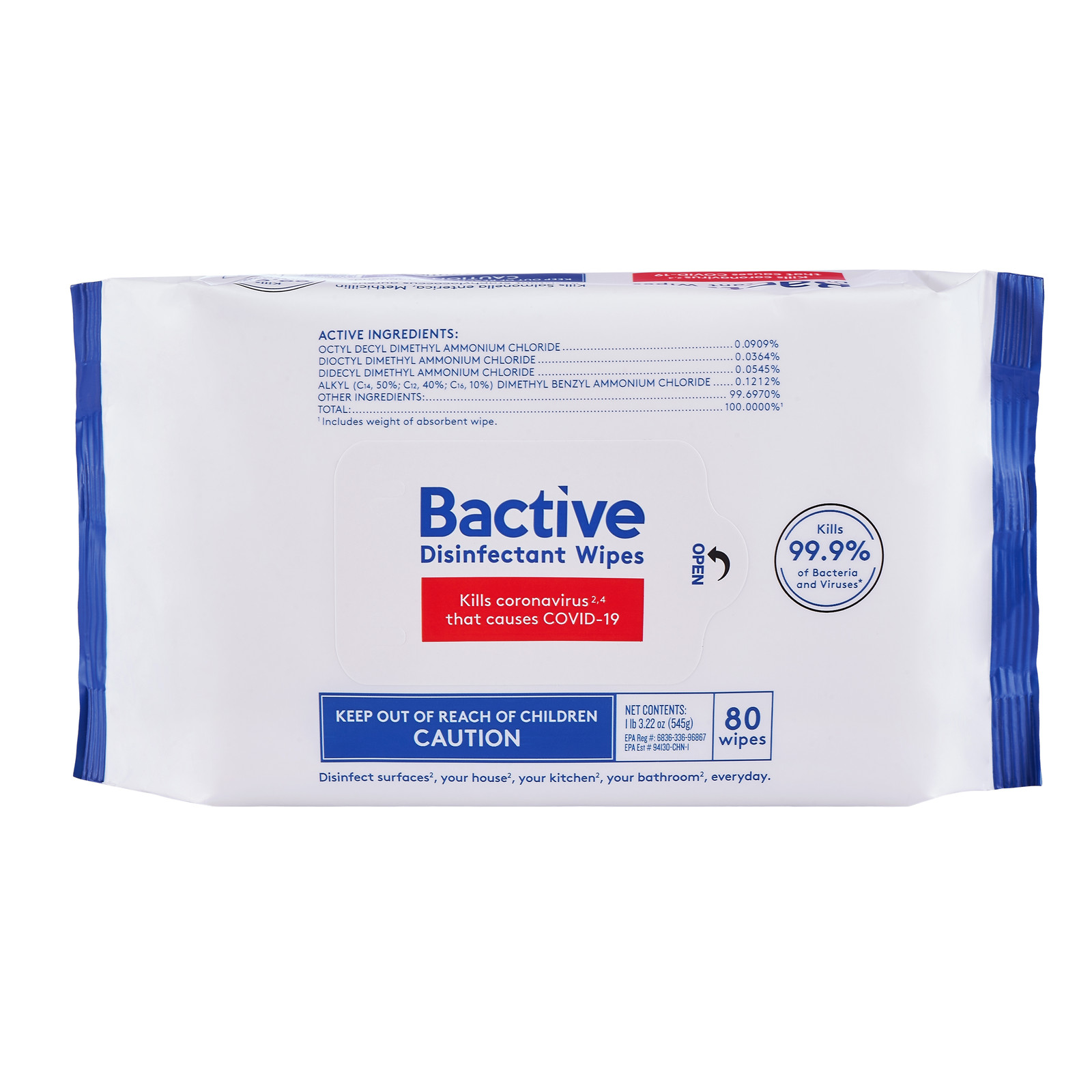 BACTIVE DISINFECTANT WIPES 18 PACK, 1,440 WIPES *NEW