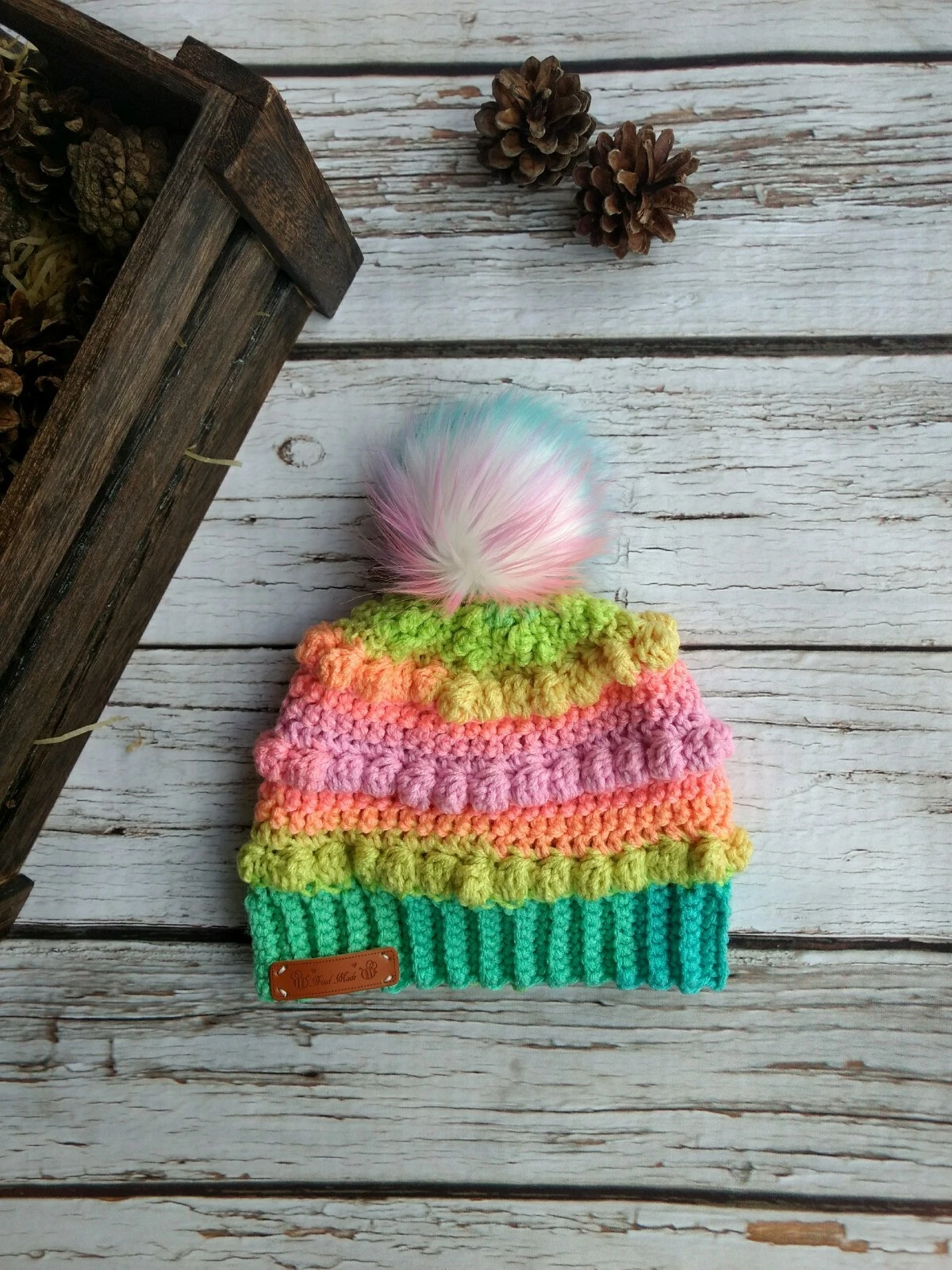 Handmade Crochet Rainbow Hat, Toddler Size, faux fur pom pom