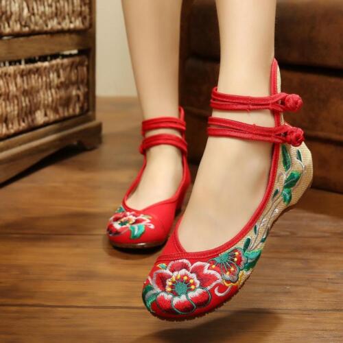 Women Retro Chinese Embroidered Flower Flats Comfy Mary Jane Ballet Cotton Pumps - Picture 1 of 16