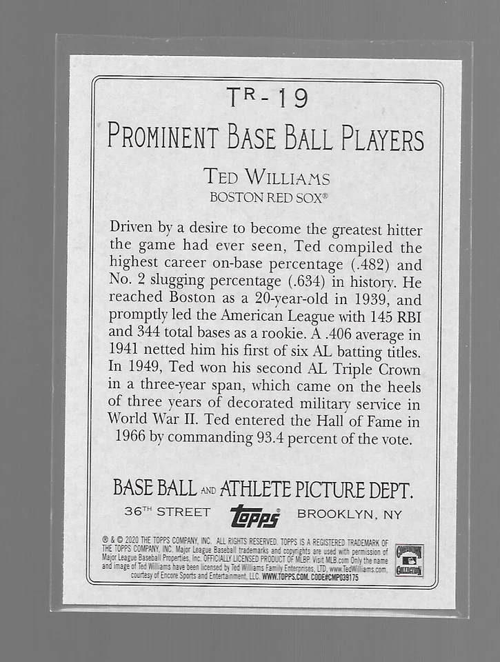 2020 Topps Turkey Red Insert TED WILLIAMS #TR-19 Boston Red Sox - Image 2 of 2