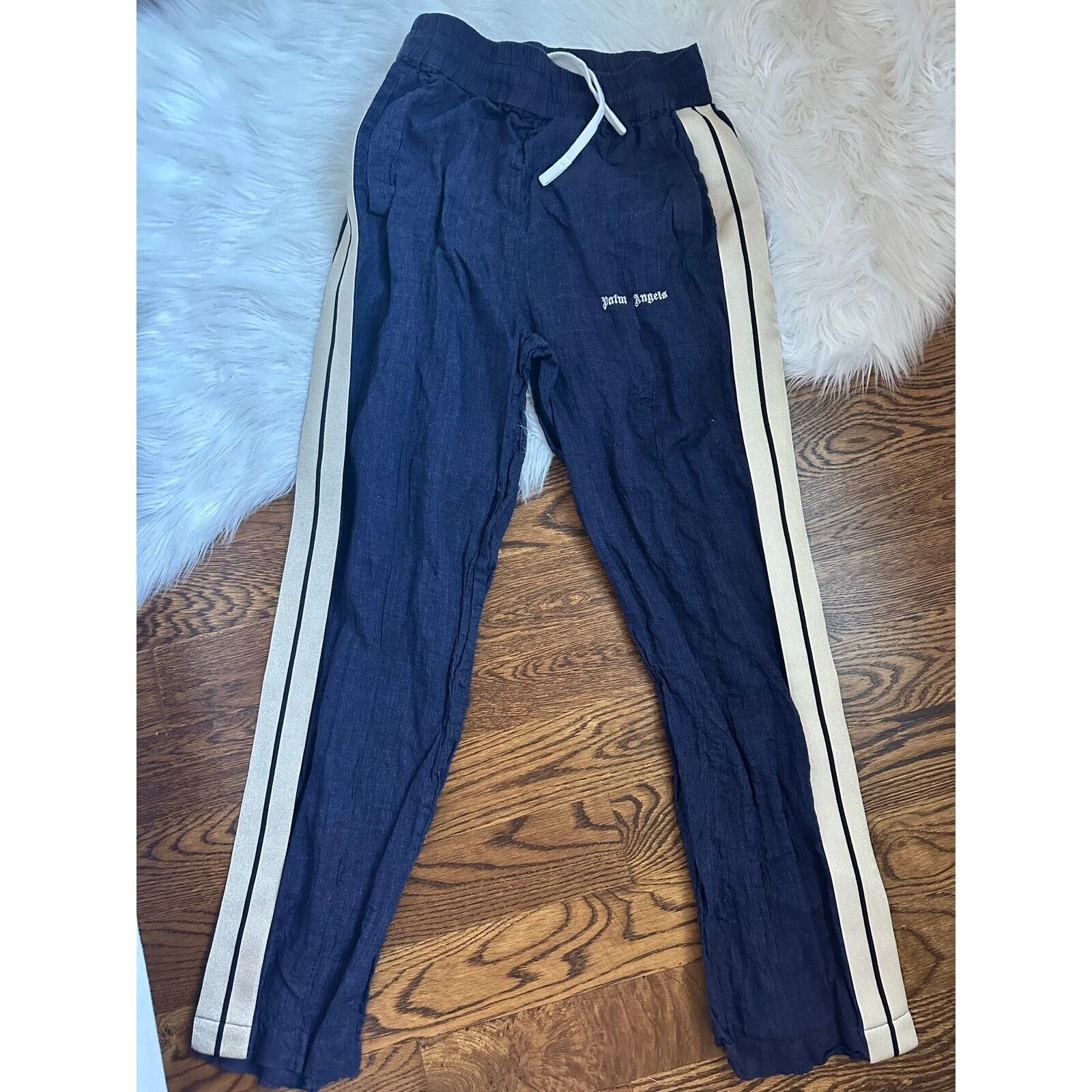 PALM ANGELS Pantalone da pista classico in lino a righe con logo blu navy