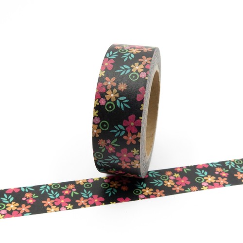 Washi Tape Black Floral Blossom Flower Multi-Colour 15mm x 10m - Picture 2 of 12
