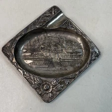 Vintage Brass Ashtray Japan 4"x 4" Floral Landscape Ornate