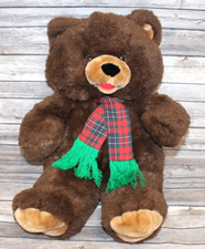 LARGE DARK BROWN TEDDY BEAR PLUSH WITH RED PLAID SCARF 23" TALL BROWN EYES