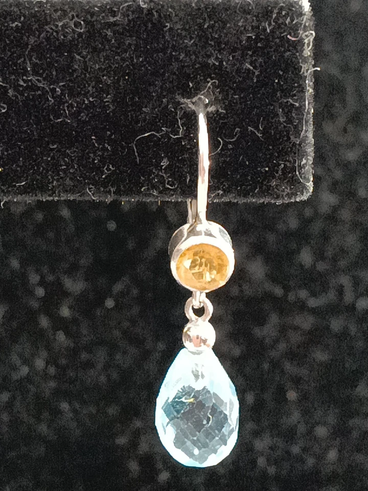 14K White Gold Earrings with Pear Shape Blue Topaz and RoundCitrine   - Image 3 of 4