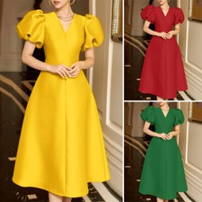 ZANZEA Women V Neck Puff Short Sleeve Cocktail Party Prom Midi Dress Kaftan Plus