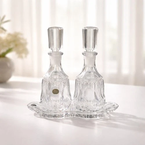 Vintage Crystal Perfume Bottles, Bohemian, Cruet Set, Bottles w/Tray. Brand new