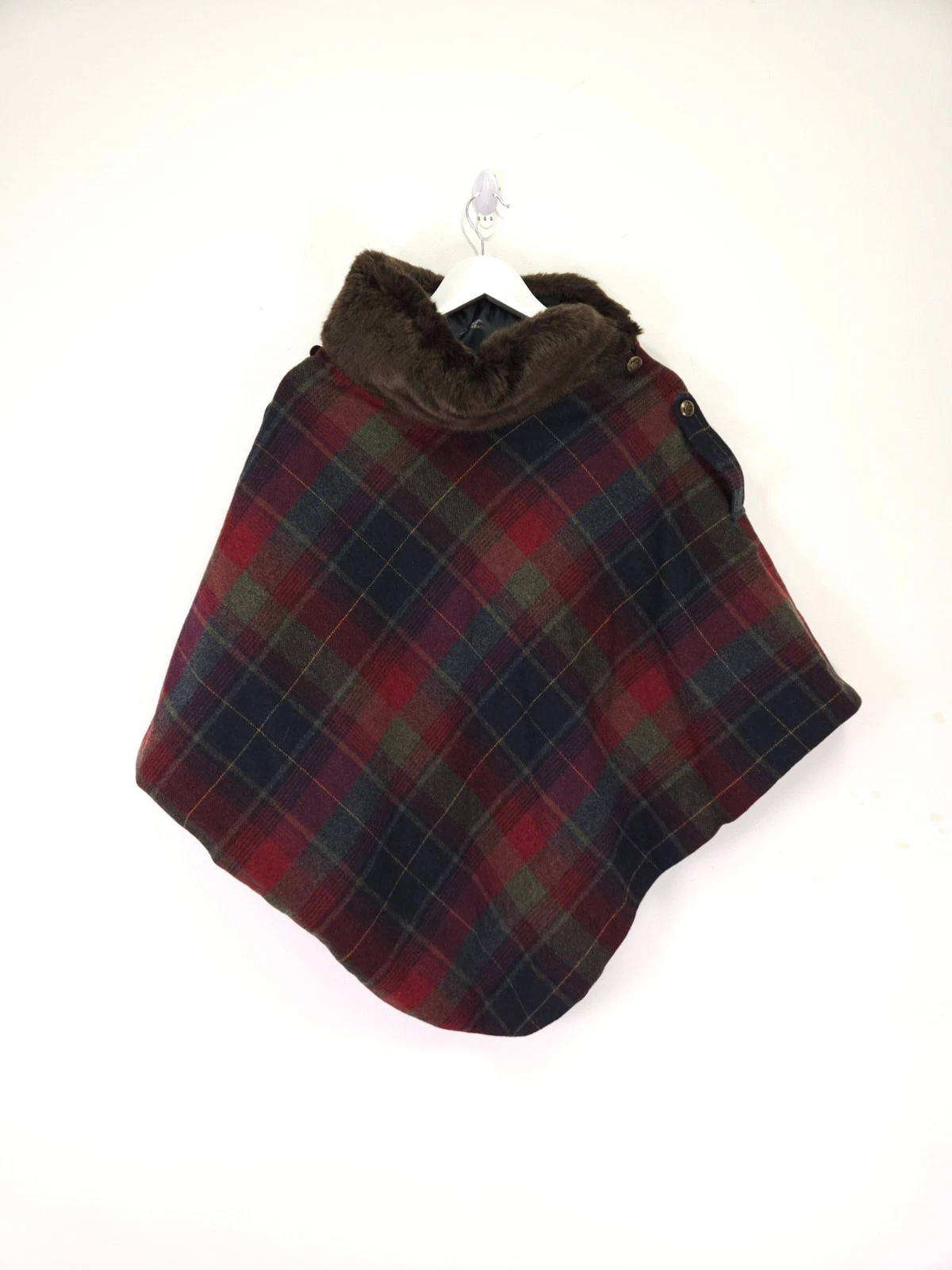 Joules Hazelwood Cape Poncho One Size Red Navy Check Wrap Faux Fur Collar Tweed