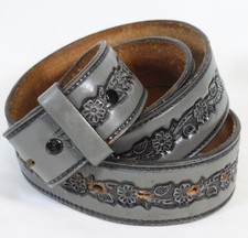 Vtg Textan Leather Belt Tooled Cowhide Gray Grey Black Flowers Rodeo Cowgirl 40