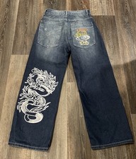 Baggy Hip Hop Jeans Denim Sz S Wide Leg Dragon Embroidery GUC 29 W X 26.5 Ins.