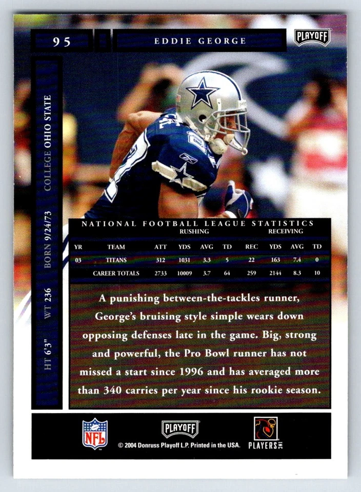 2004 Playoff Honors 95 Eddie George    Dallas Cowboys Football Card - Image 2 of 2