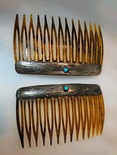 VTG Navajo TURQUOISE HAIR COMBS Etched Sterling Silver Set Of 2 Clips