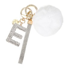 Initial Letter E Keychain with Pom and Rhinestone Wristlet, White