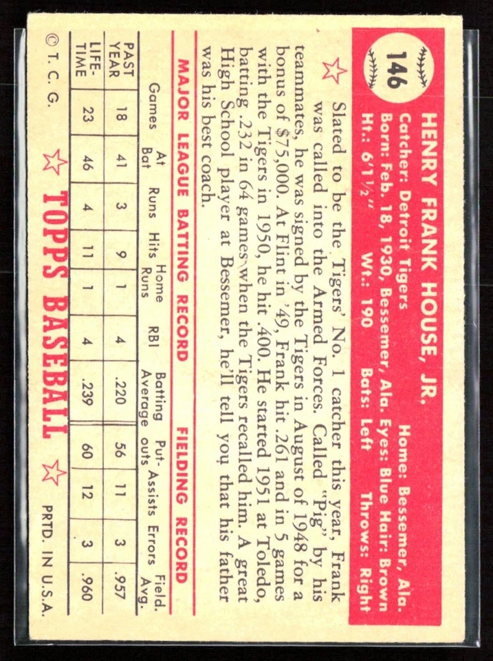 Frank House 1952 Topps RC D #146 Detroit Tigers - Image 2 of 3