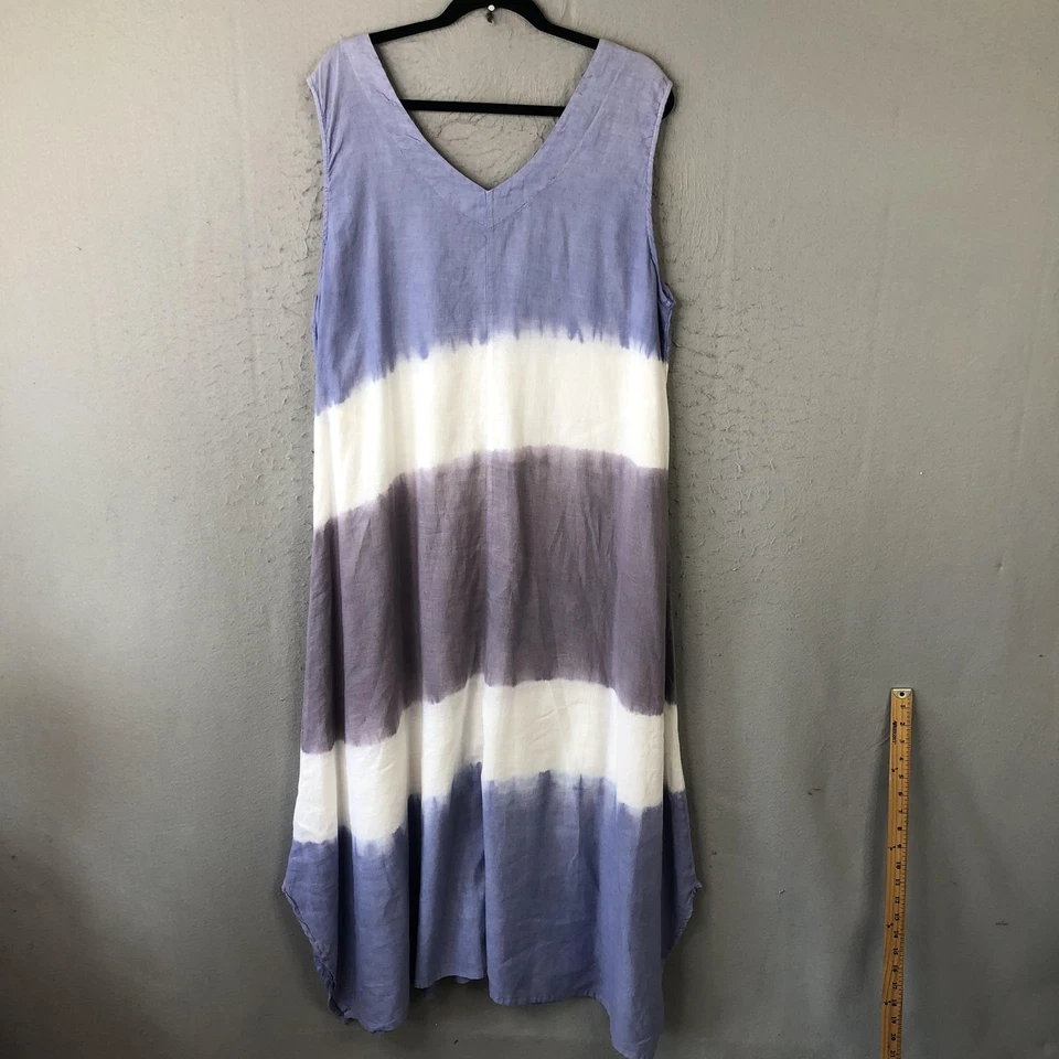 Vestido Crazy Line Mujer 18 Azul Blanco Sin Mangas Lino Algodón Tie Dye Bolsillos Foto 2 de 4