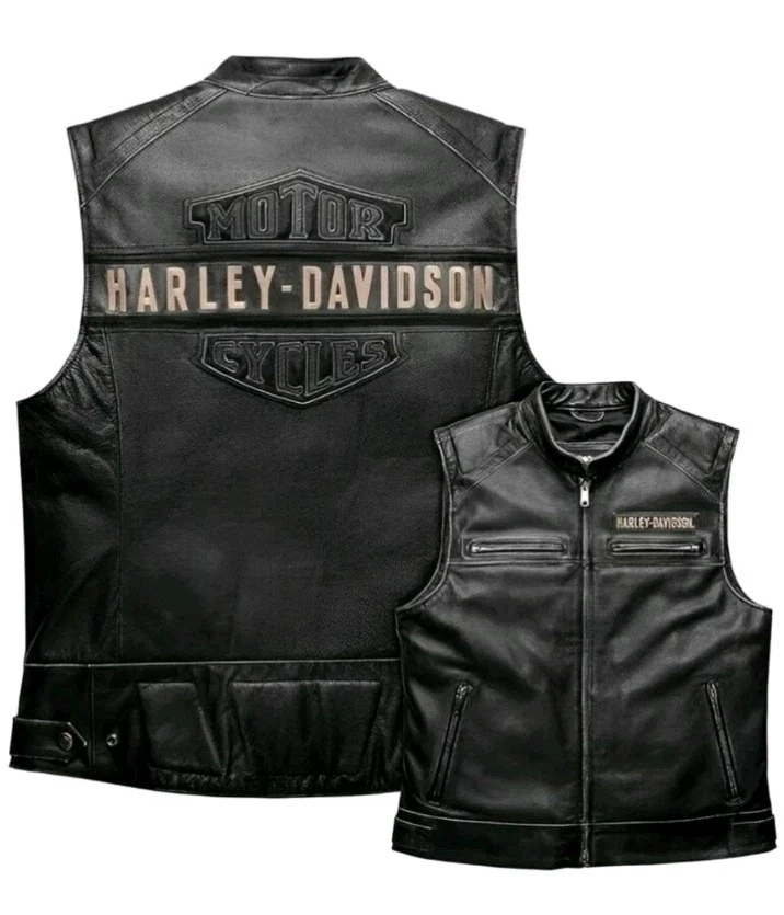 HD Men's Real Leather Harley Davidson Black Biker Vest Leather Moto Café Vest
