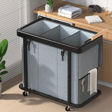 60 Gal 230L Laundry Hamper 3 Section with Lid, Leather Patchwork Laundry Sorte