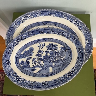 Set if 2 Vintage Alfred Meakin Old Willow Blue 14  &  16  Oval Serving Platters