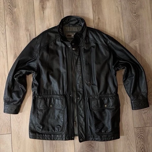 Members Only Men's Black Leather Bomber Jacket Size L - product listing photo