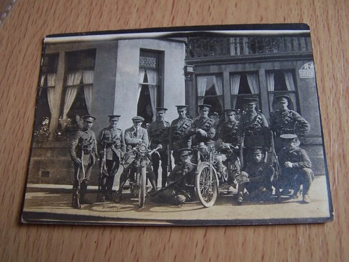WW1 Military Motorcycles Vintage Photo Soldiers in Uniform Outside RAC Hotel 2