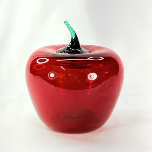 Richard Blenko Signed Art Glass Red Apple Green Stem Paperweight Dated 2000