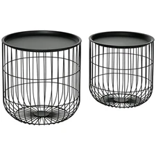 Nesting Coffee Tables, Round Coffee Table Set of 2 with Steel Wired Basket Bo...