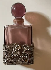 Purple Glass Perfume Bottle With Floral Silver Plate Metal Base Vintages