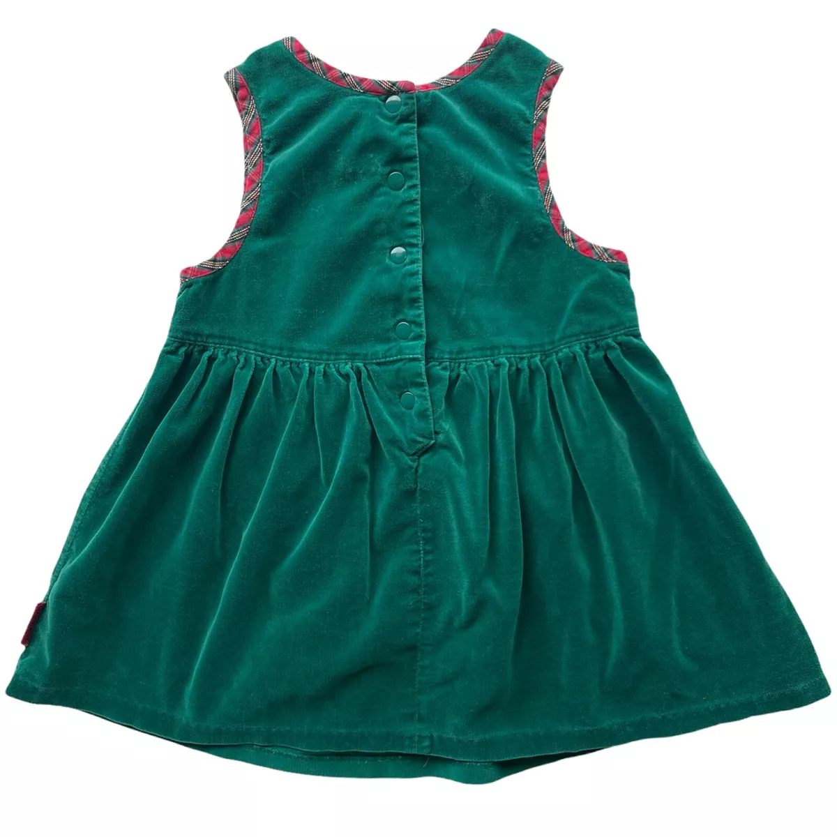 VINTAGE Gymboree Dress Girls 3 Green Velvet Shirred Red Plaid Trim