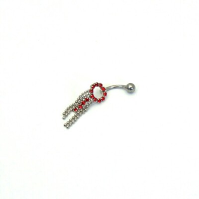 Red CZ Gems Ball Chain Dangle Belly Button Ring Surgical Steel Navel Ring