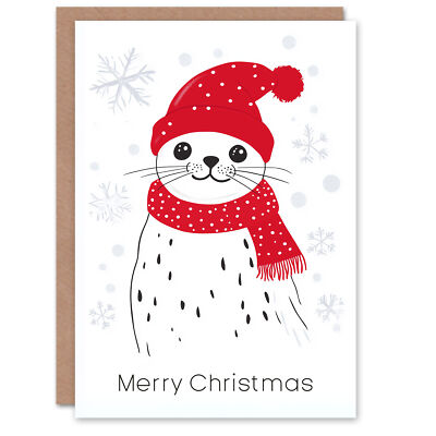 Cute Harp Seal Red Winter Hat Scarf Snowflakes Christmas Greeting Card