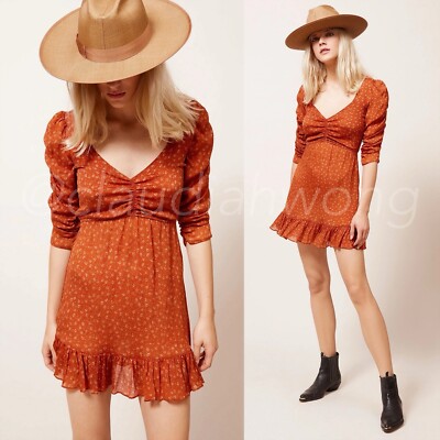 MES DEMOISELLES Francesca 100% Silk Floral Orange Ruched Ruffle Mini Dress 36/S