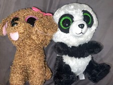 Lot Of 2 Ty Beanie Boos Bamboo Panda 6" Plush Stuffed Animal Puppy With Bow